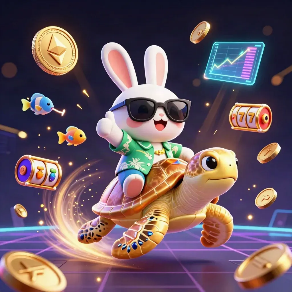 Kelinci kartun berkacamata di atas kura-kura emas, dikelilingi koin, petir, dan efek neon kasino.