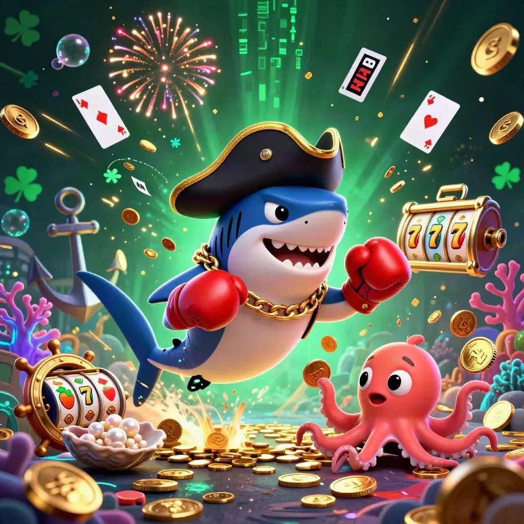 Hiu bajak laut, ikan buntal, dan gurita bayi di cove harta karun neon emas.