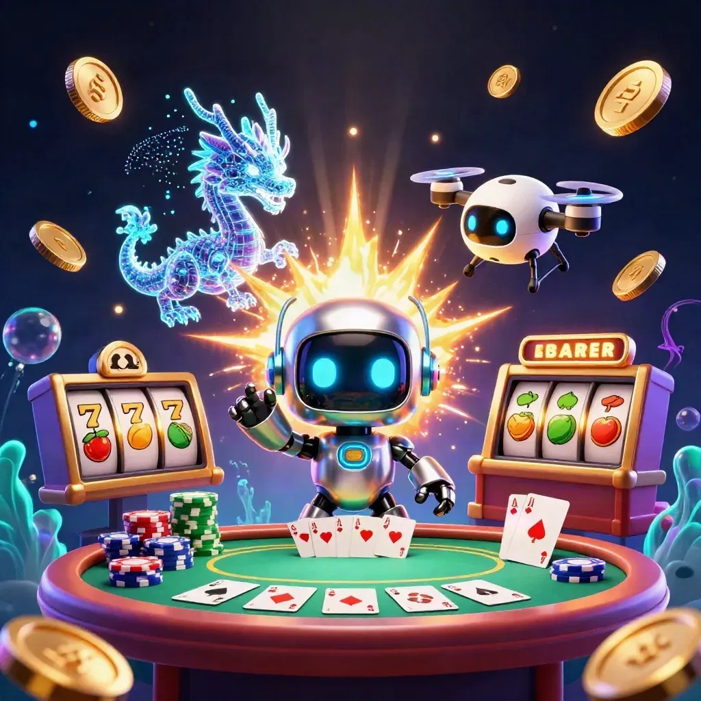 Robot cyberpunk, naga holografik, dan drone di tengah ledakan koin emas dan kartu poker.