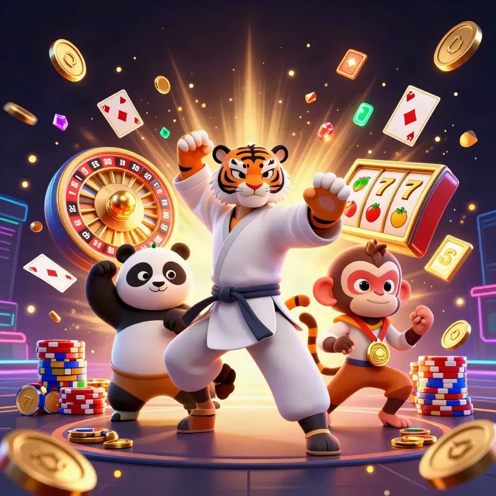 Macan kung-fu, panda, dan monyet di tengah ledakan koin emas dan cahaya neon.