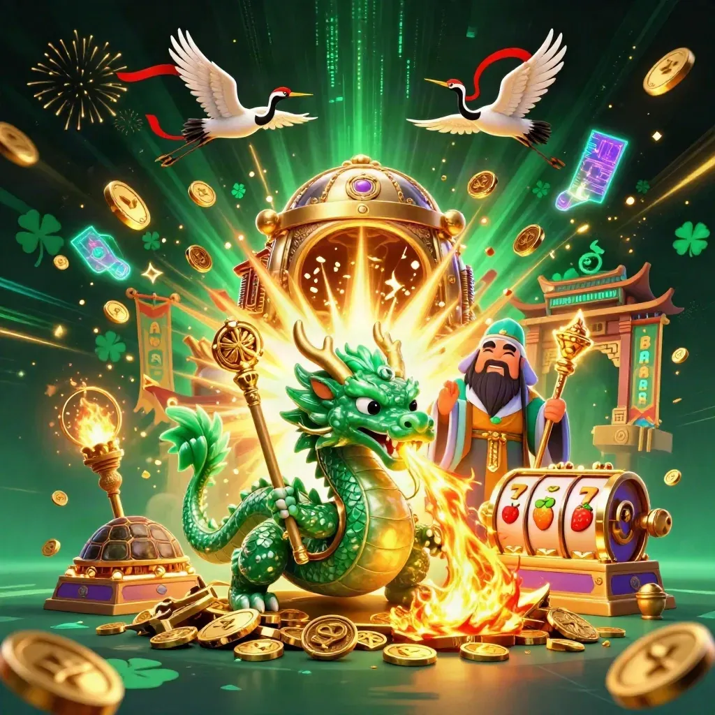 Naga jade, kura-kura bijak, dan dua bangau di tengah ledakan koin, api, dan cahaya neon kasino.