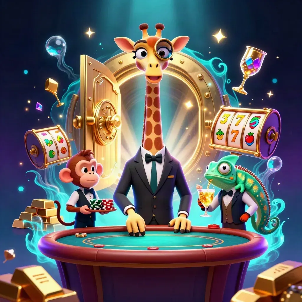 Jerapah, monyet, dan bunglon bergaya kasino di meja poker dengan brankas emas dan kilau neon.