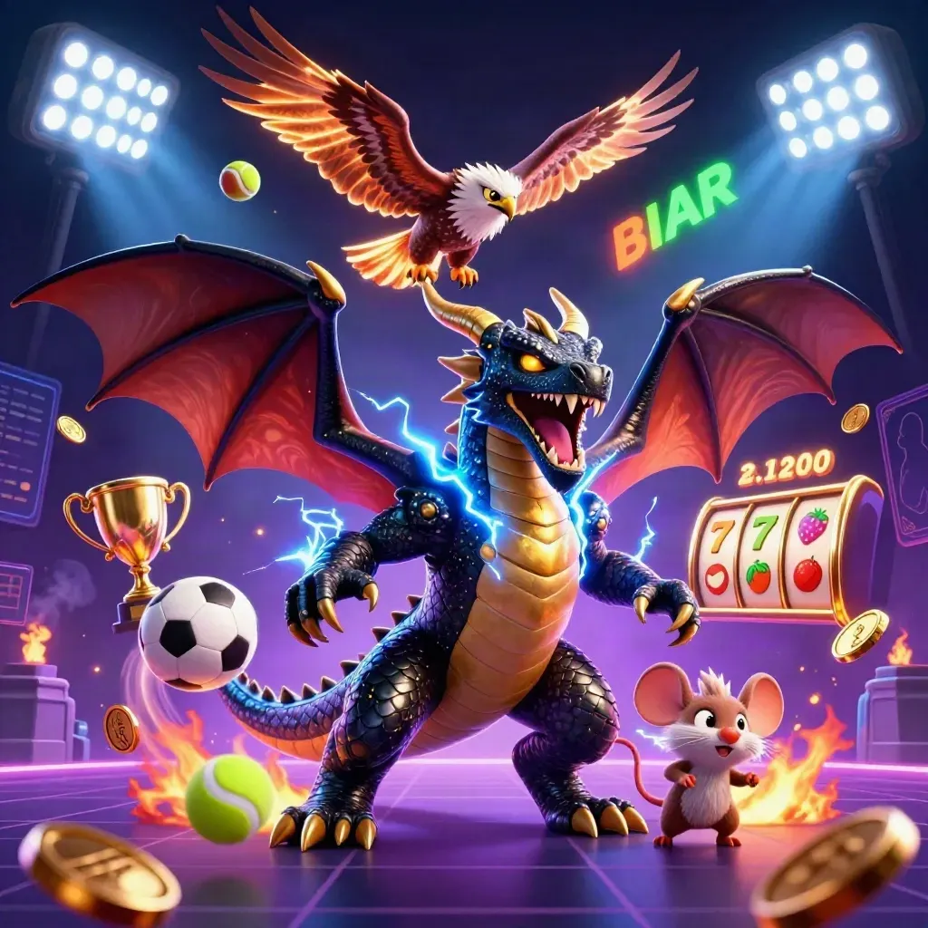 Naga petir, elang badai, dan tikus kecil di tengah bola, koin, dan kilat mewah.