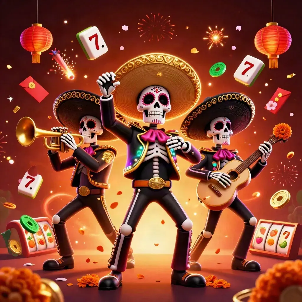 Trio kerangka mariachi bergaya kartun dengan efek slot, koin, lentera, dan kembang api emas-neon.