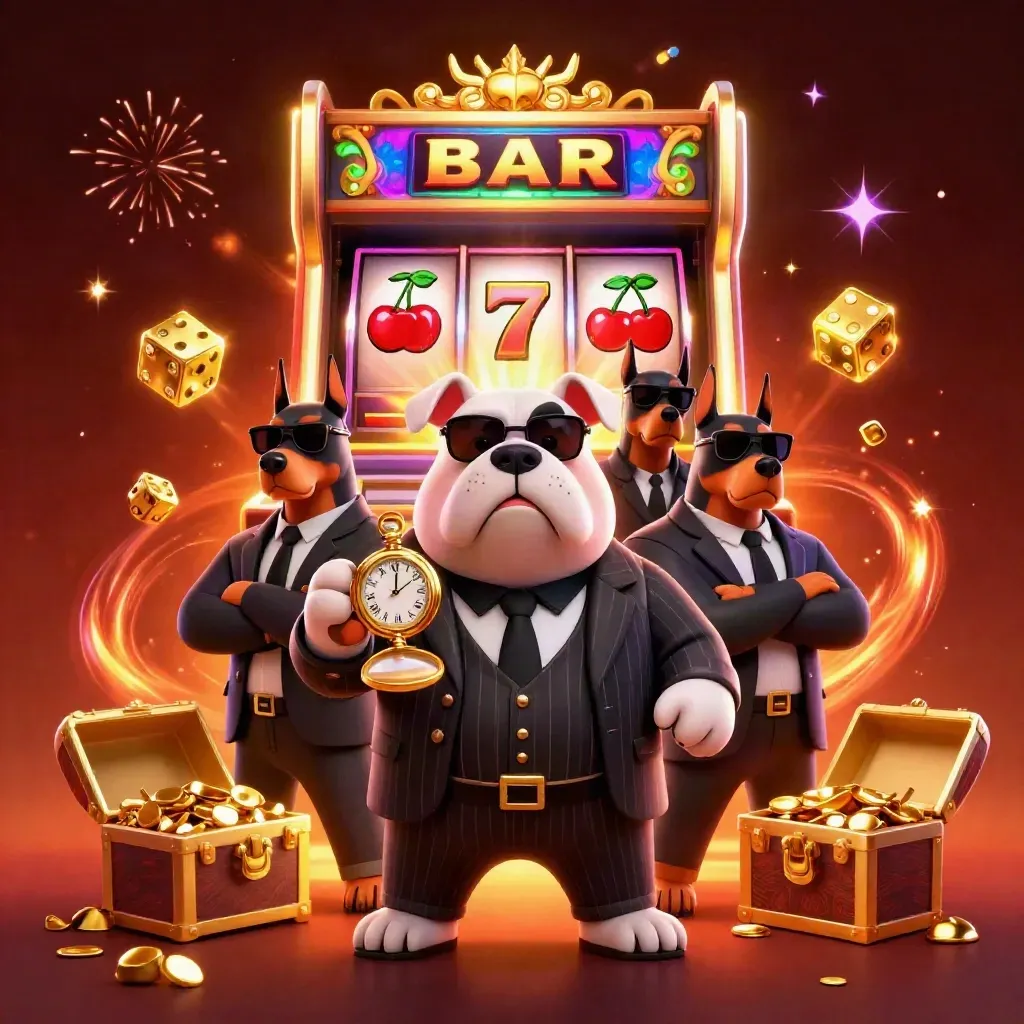 Bulldog mafia dan dua doberman dikelilingi mesin slot, dadu emas, dan petir jackpot.