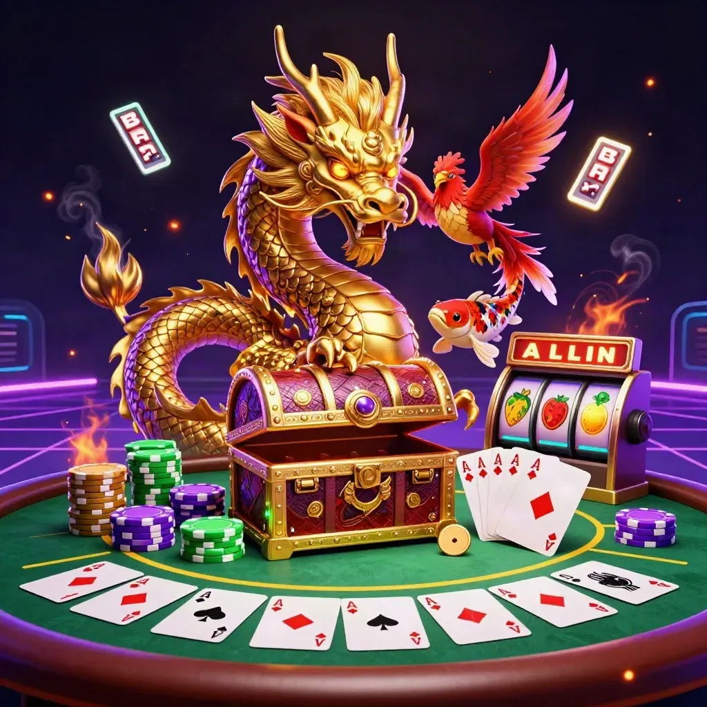 Naga emas, phoenix merah, koi, dan elemen slot neon di atas meja poker gelap.