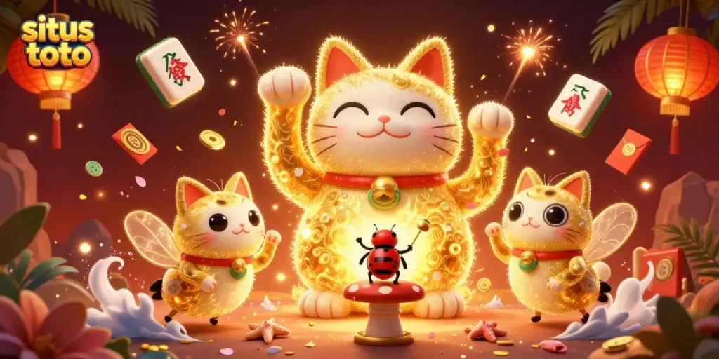 Menggugah semangat menang dengan situs toto, ilustrasi kucing keberuntungan dari kunang-kunang dalam suasana kasino berwarna cerah.