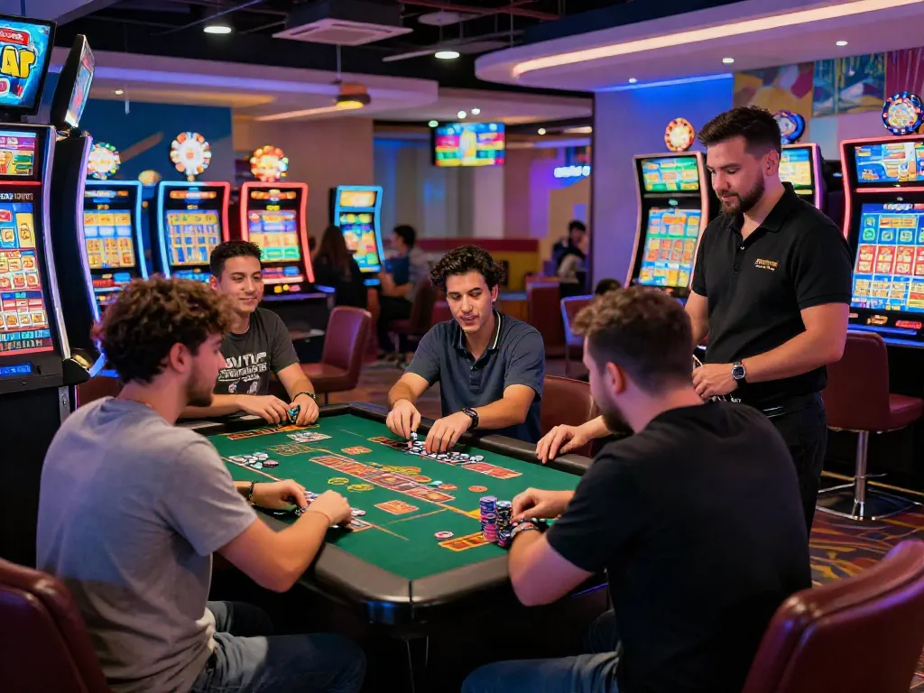 Suasana bugistoto yang ramai dengan pemain togel dan permainan slot.