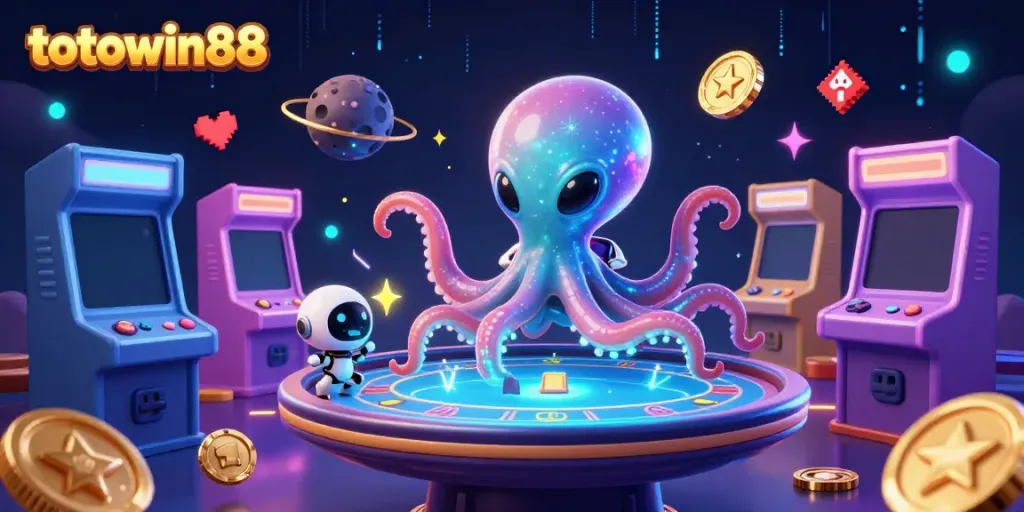 Gambarkan permainan togel seru di totowin88 dengan alien dan robot dalam suasana ceria.