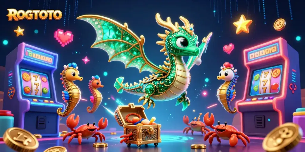 Experience ROGTOTO's vibrant gaming scene with sea dragons and dynamic slot elements.