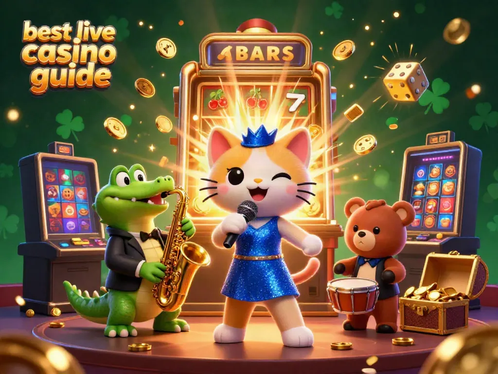 Join the best live casino guide with entertaining characters celebrating jackpots in a vibrant casino scene.