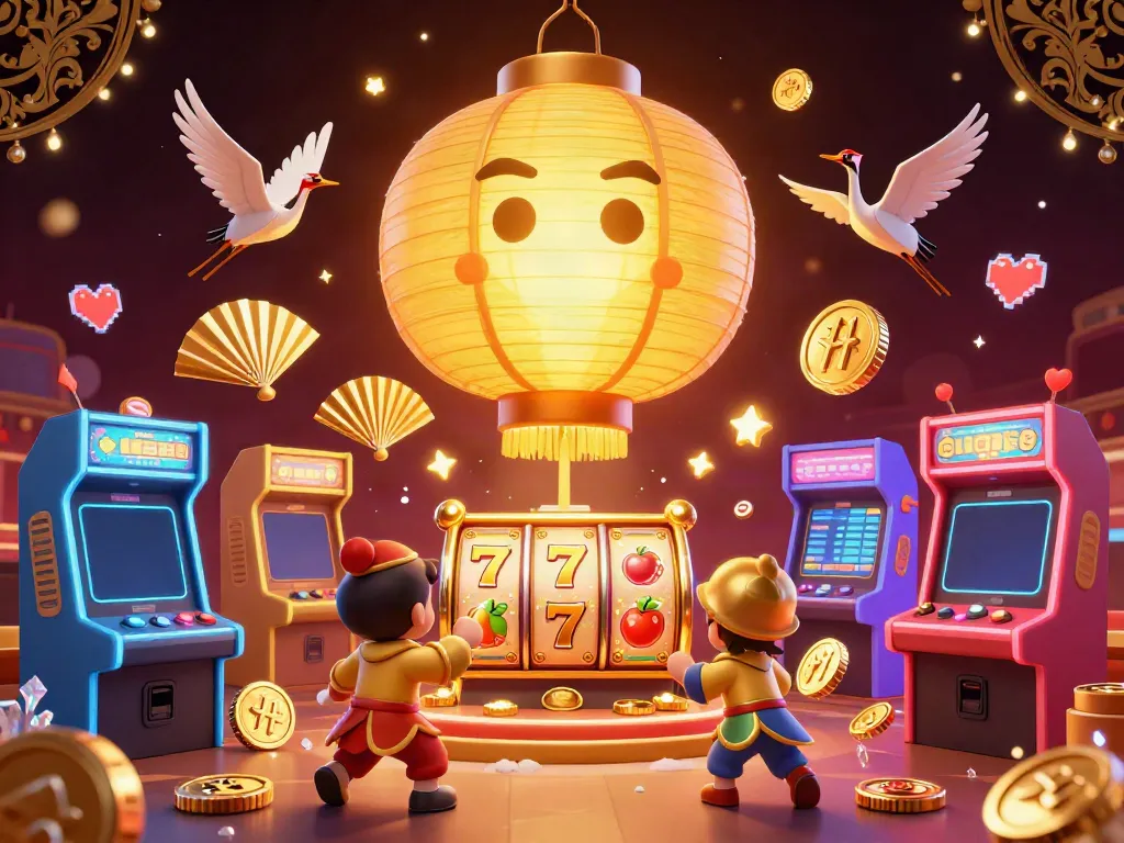 Engage with MPO08 in a vibrant casino scene showcasing golden lanterns and exciting slot games