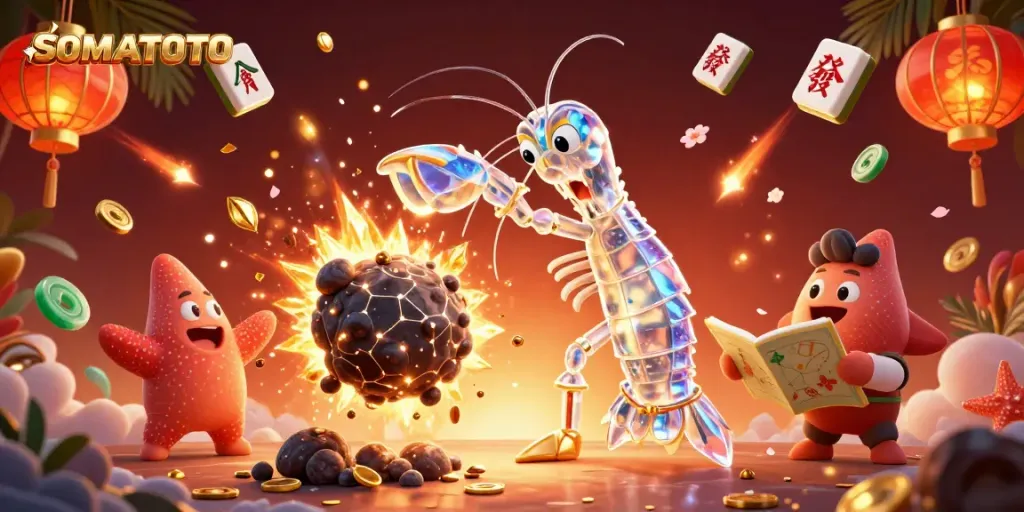 SOMATOTO showcases a captivating galactic mantis shrimp heroically punching through an asteroid showering gold coins.