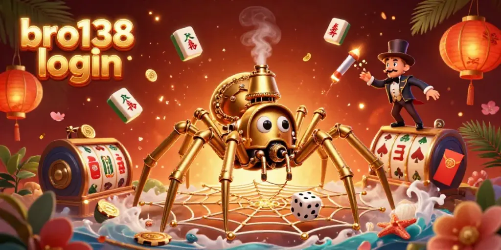 Engage with the action in the bro138 login scene, featuring a steampunk spider and vibrant casino elements.