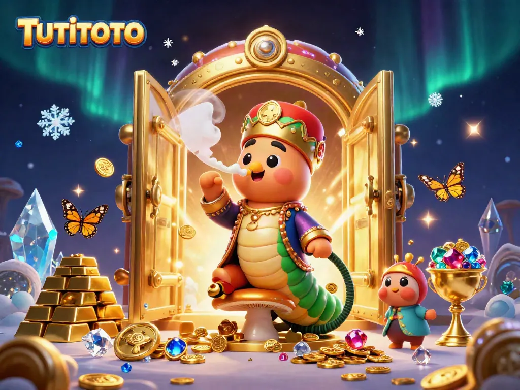 TUTITOTO's vibrant casino scene featuring a glorious caterpillar character amidst riches and magical effects.