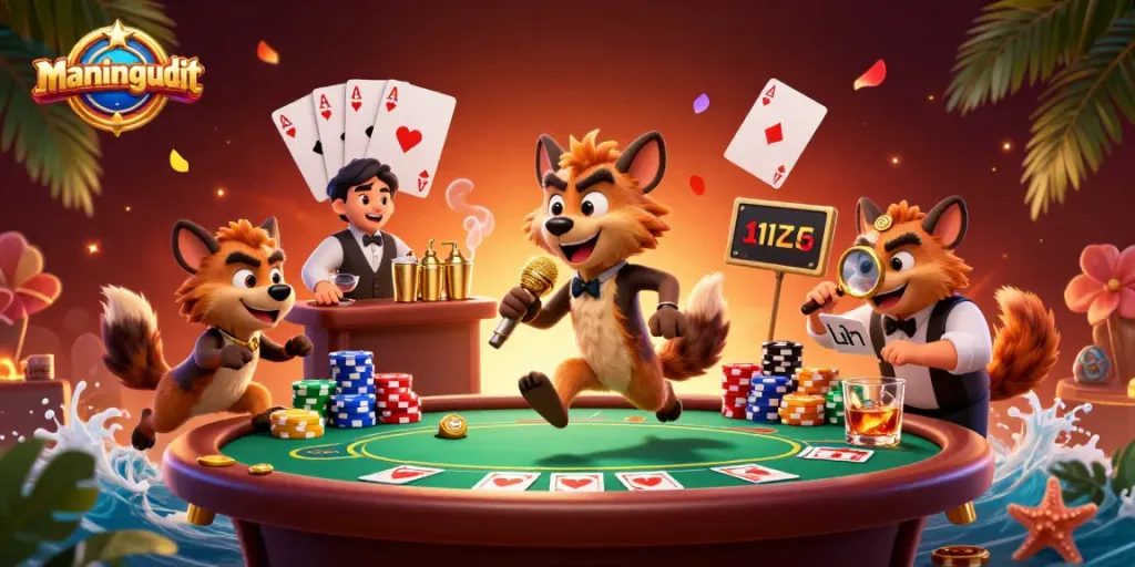 Join the excitement of mancingduit at a lively casino with animal characters in a vibrant 3D scene.