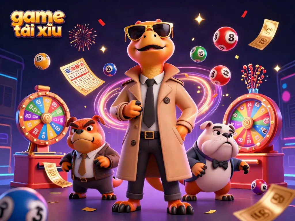 Engage in game tài xỉu with dynamic lottery balls, raptors, and a bulldog bouncer in a vibrant casino scene.