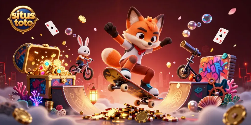 Situs toto: ilustrasi kasino interaktif menggambarkan tikus skateboard dan kelinci BMX di dunia kasino.