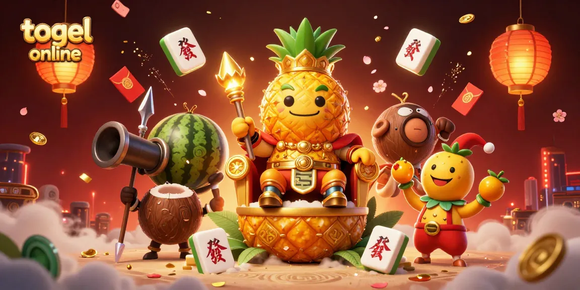 Engage with togel online through an epic scene of a golden pineapple king, celebrating rich casino elements.