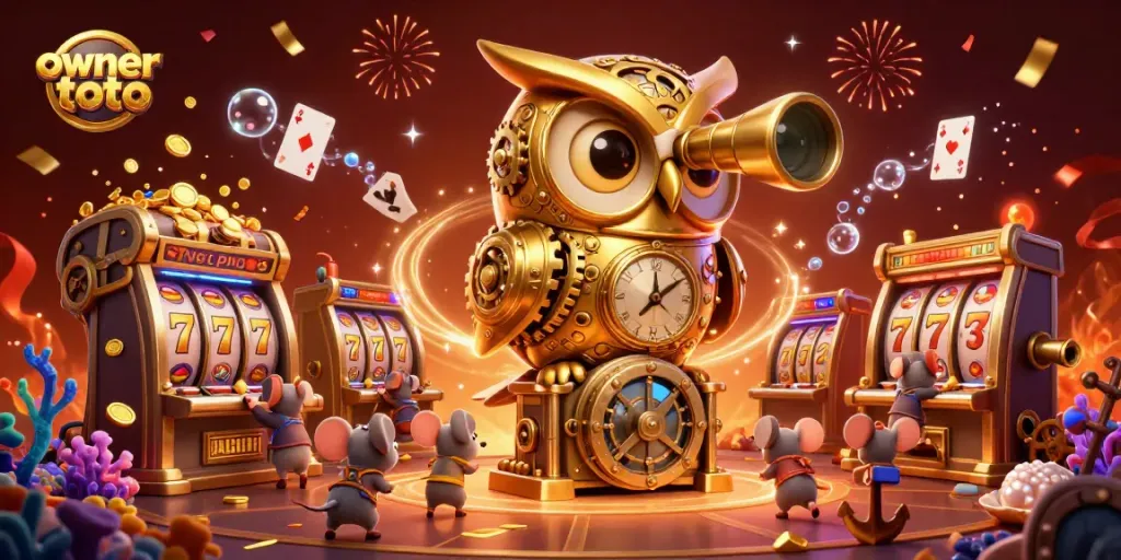 Menangkan permainan dengan ownertoto: Ilustrasi kartun 3D kasino yang meriah dan dinamis.