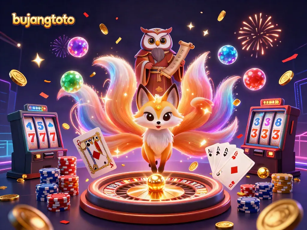 Engage in the vibrant bujangtoto casino experience with a mystical nine-tailed fox and owl amid sparkling gems and golden coins.