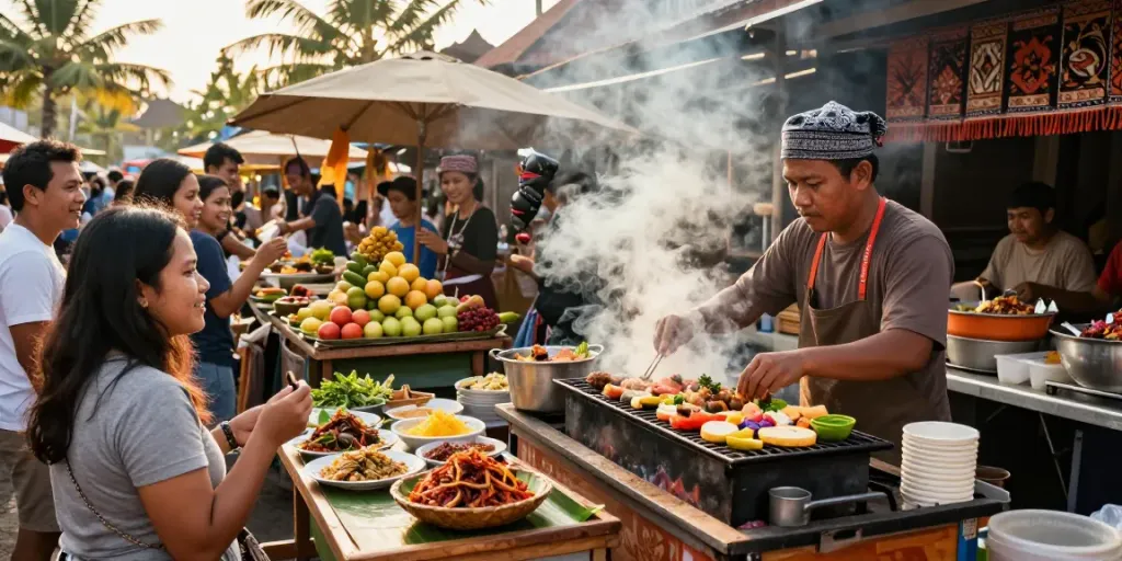 Pengunjung menikmati pengalaman kuliner pecah25 di pasar makanan jalanan Bali.