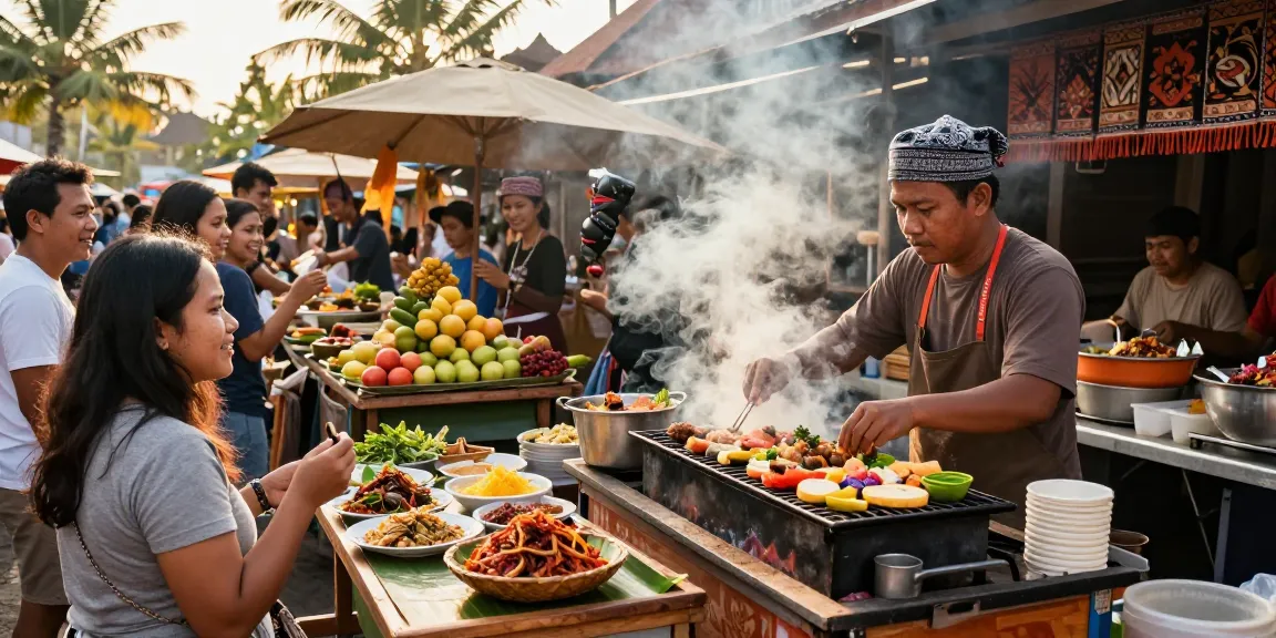 Pengunjung menikmati pengalaman kuliner pecah25 di pasar makanan jalanan Bali.