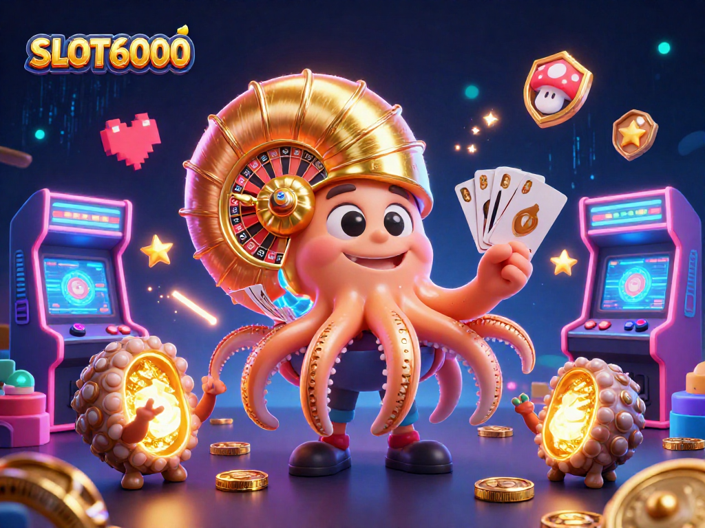 Win big with SLOT6000, featuring energetic gaming elements and colorful characters in an immersive casino scene.