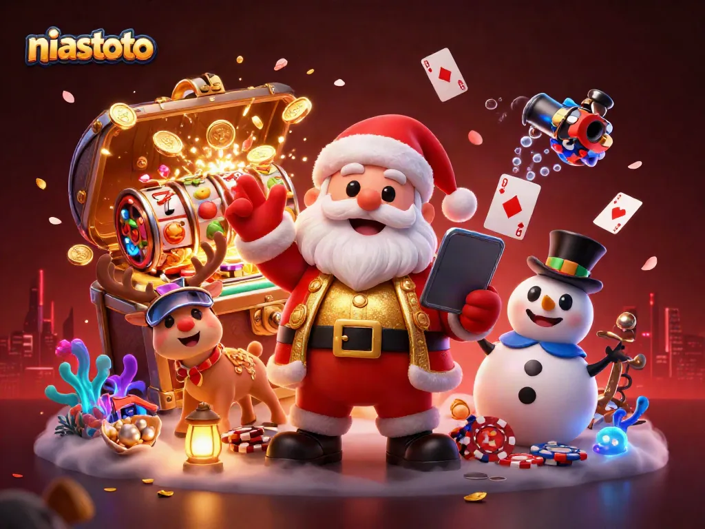 Santa Claus and friends enjoy a jackpot slots adventure with niastoto, showcasing vibrant casino elements.