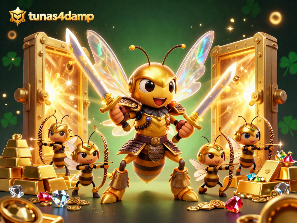Tunas4damp features a dynamic illustration of a golden hornet and bee archers celebrating slot wins with treasures.