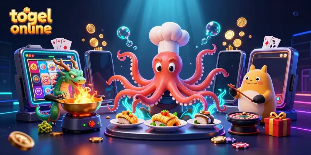 Permainan togel online interaktif dengan chef octopus dan naga, dikelilingi elemen kasino menarik.