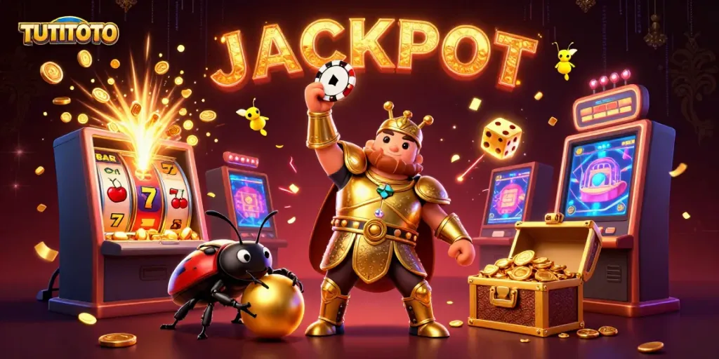 TUTITOTO showcases a victorious beetle with poker chip in a vibrant casino scene filled with dynamic slot game elements.