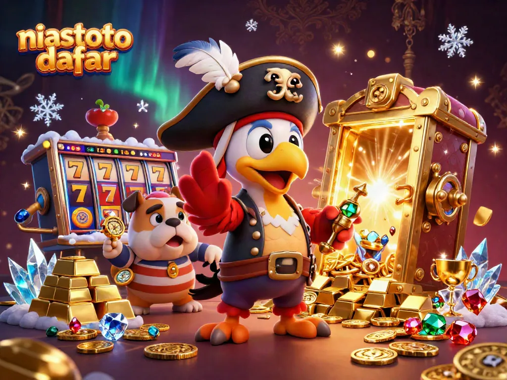 Gambaran menarik slot dan jackpot di niastoto daftar dengan karakter kartun dalam suasana kasino.