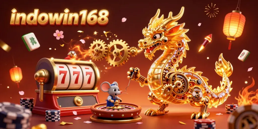 Visualisasi menarik indowin168 dengan simbol mesin slot dan elemen kasino lainnya.