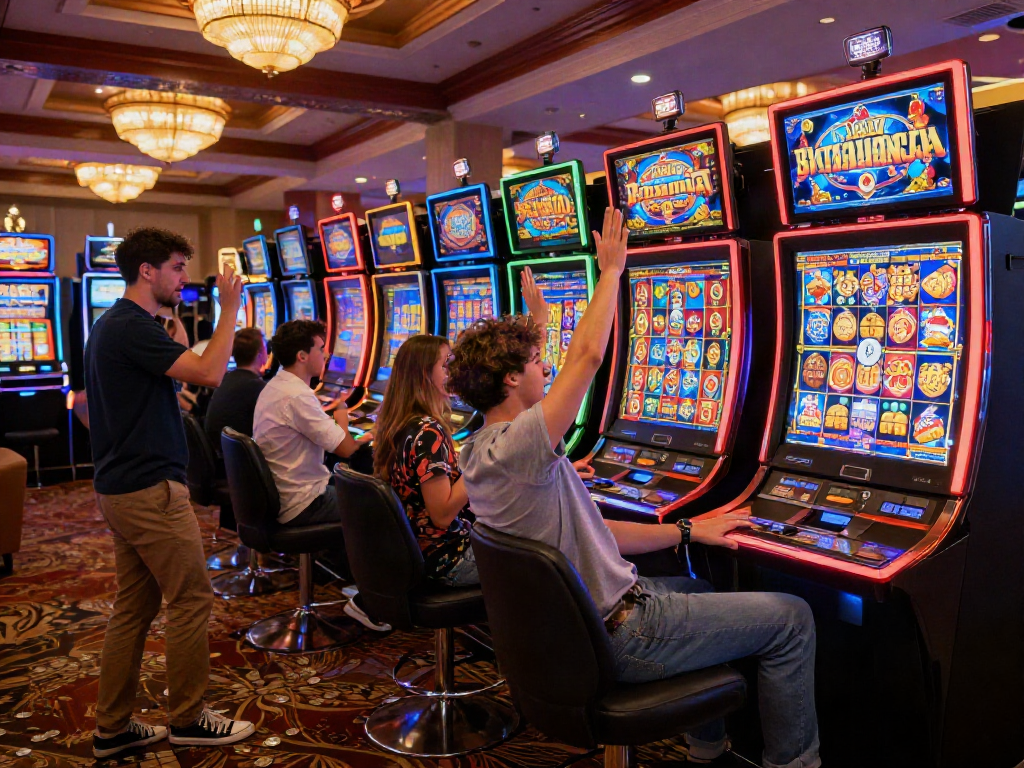 Slot gacor - Pemain bahagia merayakan kemenangan kecil di area mesin slot kasino yang berwarna-warni.