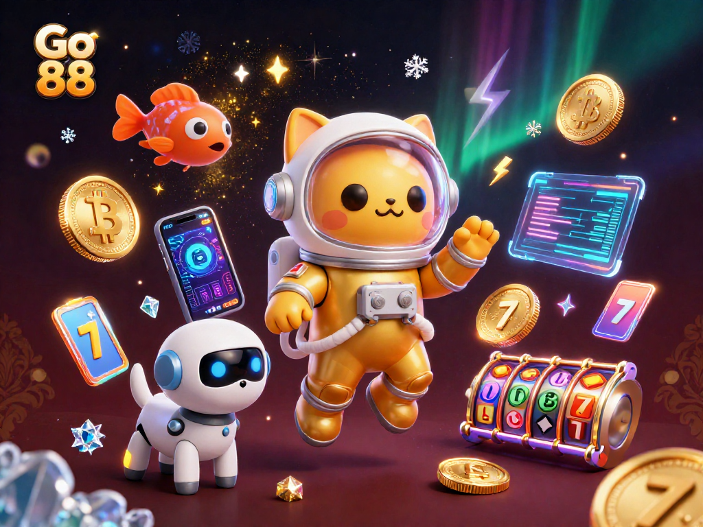 Experience Go 88's thrilling slot games featuring astronaut cat and robot dog in an exciting cosmic scene
