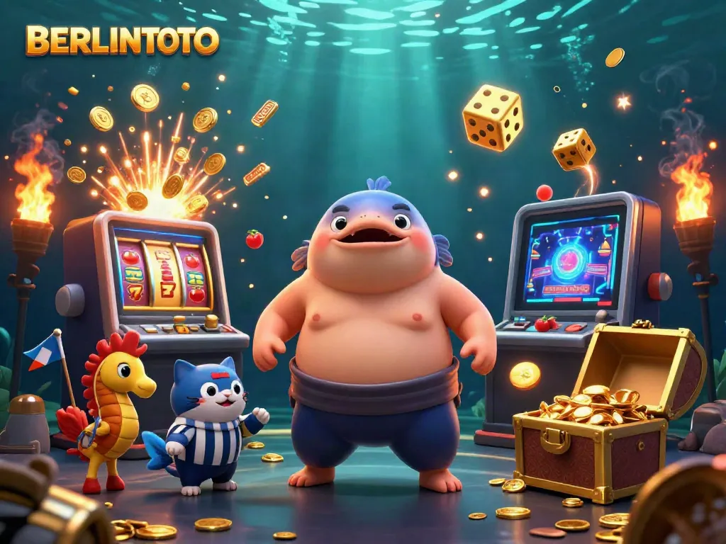 Experience thrilling jackpots at BERLINTOTO with a vibrant underwater casino scene featuring a cartoon fugu and slot machines.