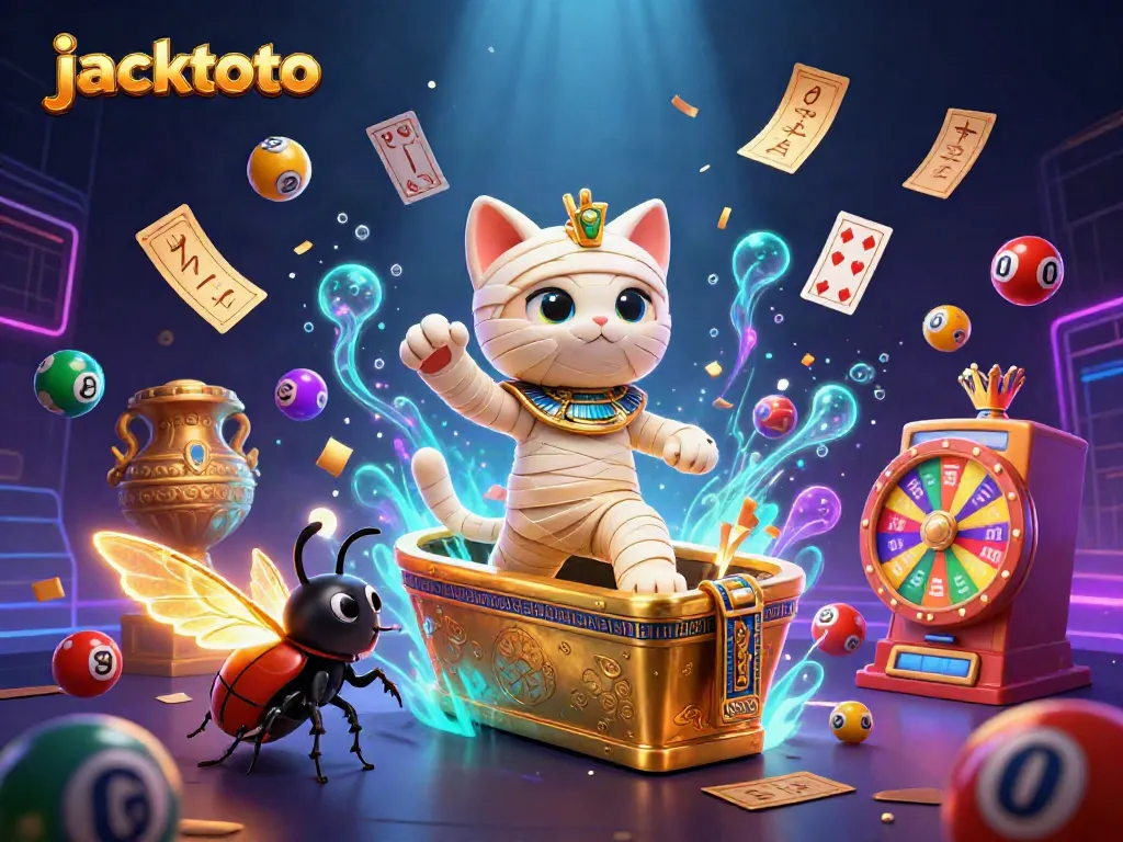 jacktoto portal showcasing a vibrant, dynamic illustration of a mummy cat and a scarab beetle in a casino setting, engaging with lottery elements.