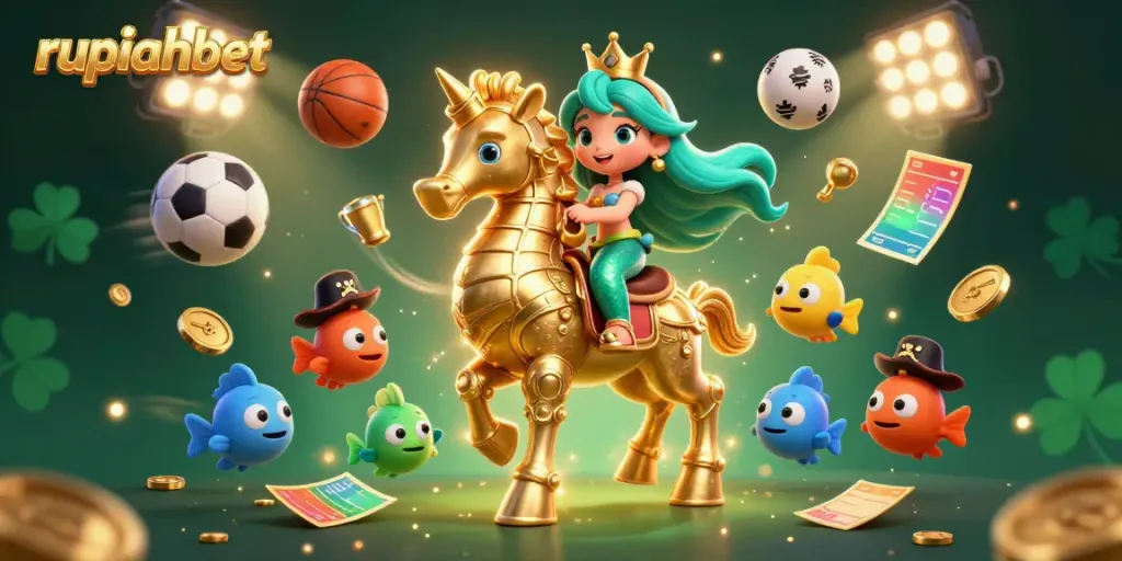 Experience the vibrant energy of rupiahbet with a cartoon mermaid and seahorse surrounded by dynamic gaming elements.