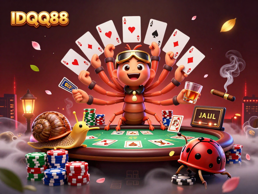 Experience thrilling gameplay at IDQQ88 with a millipede dealer and chip stacks among vibrant casino elements.