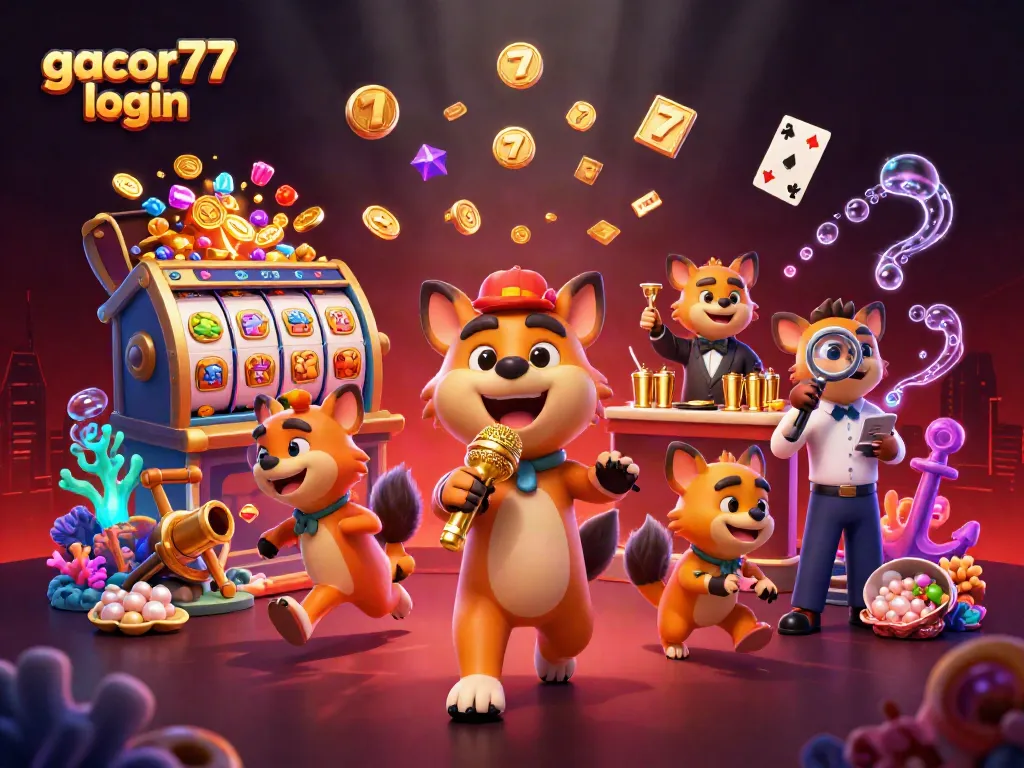 Gacor77 login dengan hyena lucu menghibur di kasino komedi, simbol slot bertebaran.