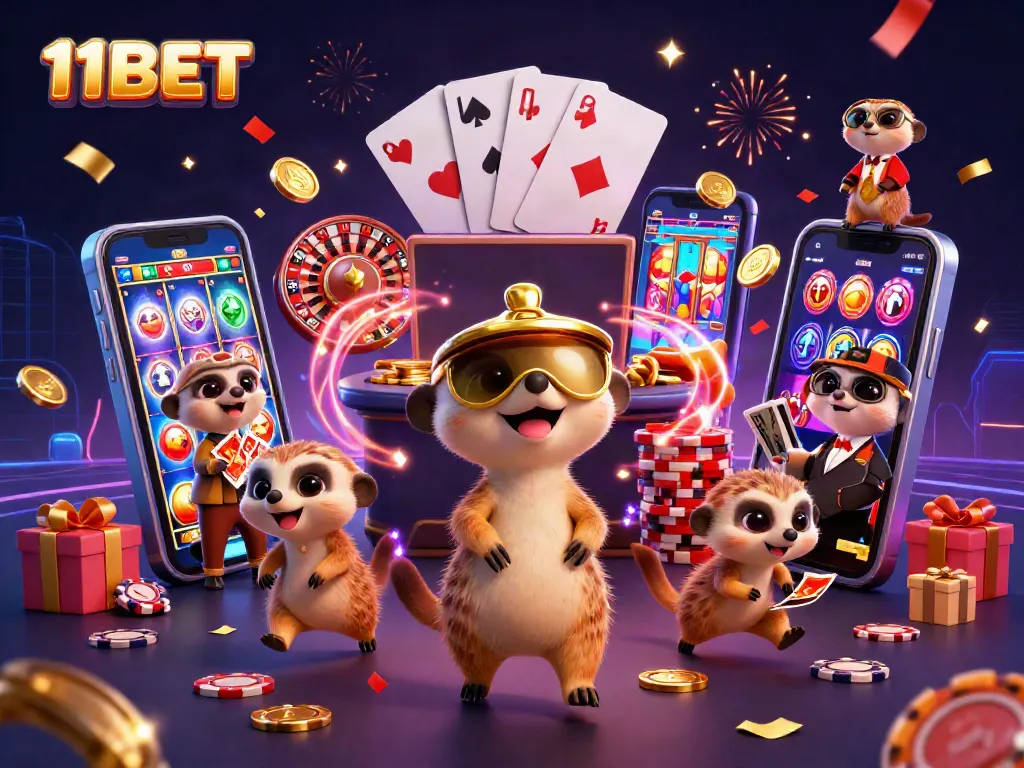 Experience thrilling casino action with 11BET's vibrant meerkat illustration, showcasing games and excitement!
