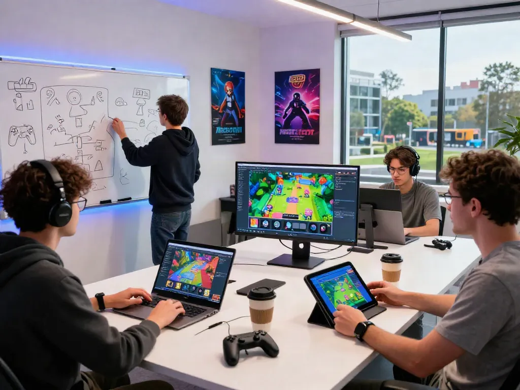 Diana4D dalam pengembangan game digital dengan tim pengembang berkolaborasi di ruang modern.