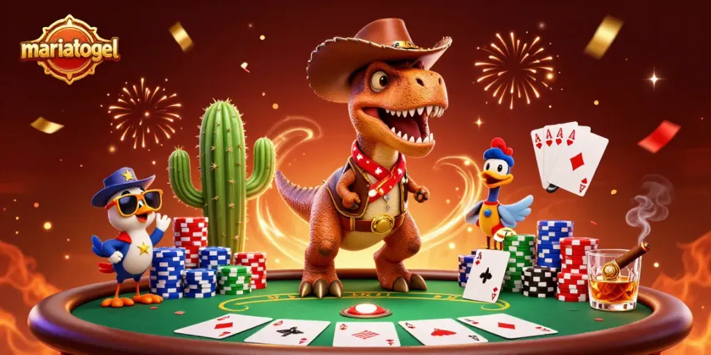 Engage in exciting gameplay with mariatogel, featuring a cowboy dinosaur at a vibrant poker scene.