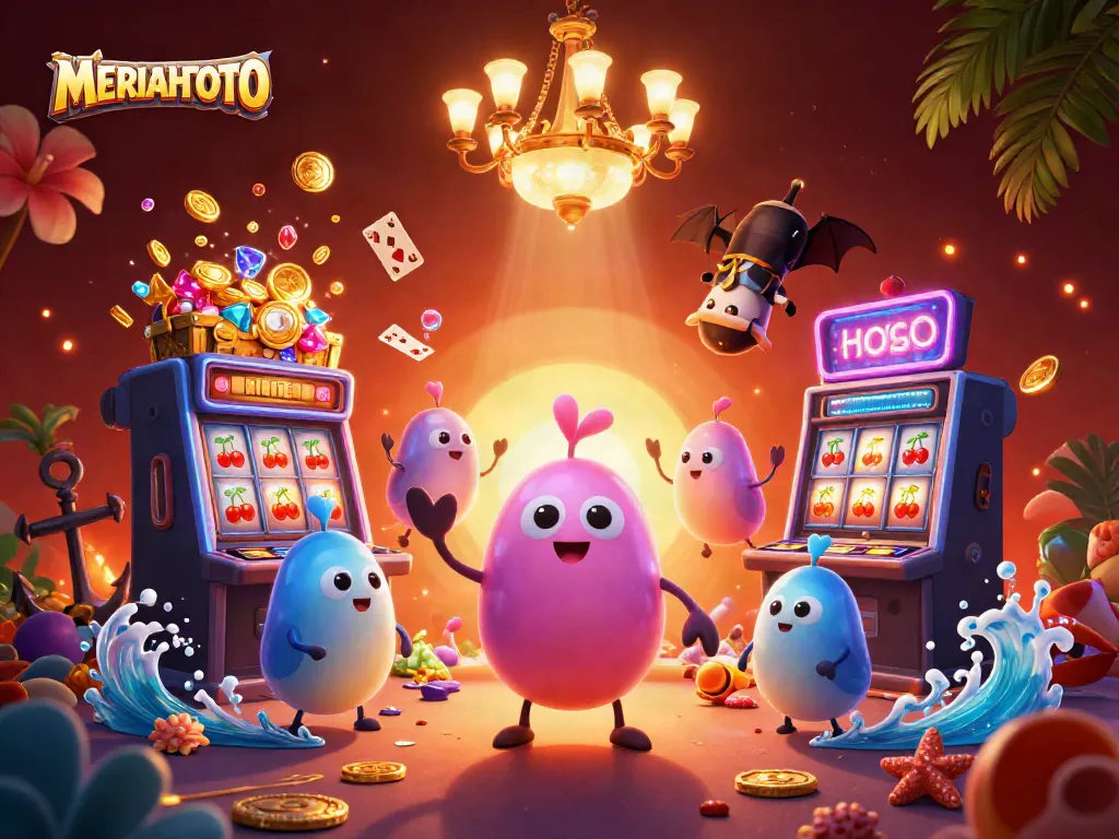 Permainan slot MERIAHTOTO tampil hidup dengan slot dan lampu neon yang memikat dalam ilustrasi 3D.